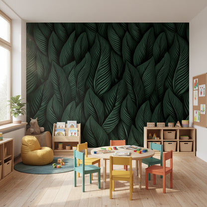 Koyu Yeşil Yaprak Desenli Duvar Kağıdı Salon