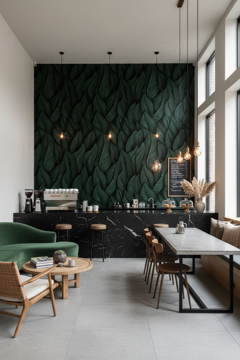 Koyu Yeşil Yaprak Desenli Duvar Kağıdı Salon