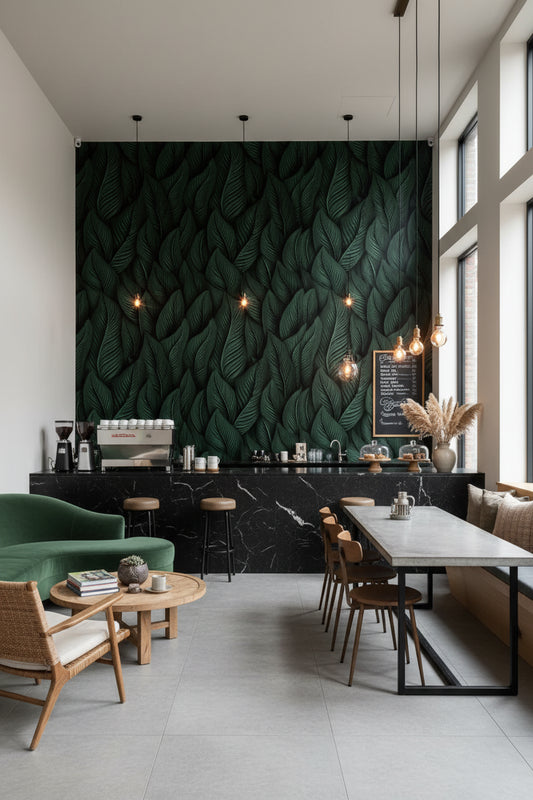 Koyu Yeşil Yaprak Desenli Duvar Kağıdı Salon