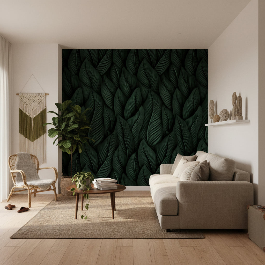 Koyu Yeşil Yaprak Desenli Duvar Kağıdı Salon