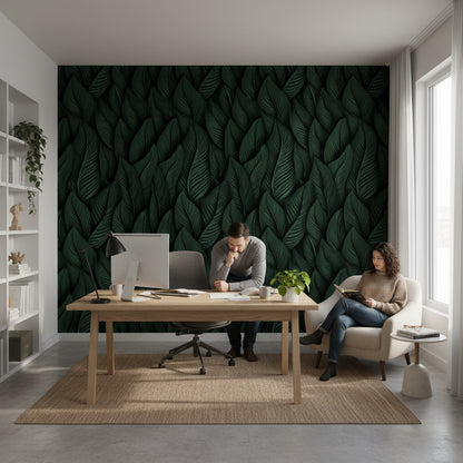 Koyu Yeşil Yaprak Desenli Duvar Kağıdı Salon