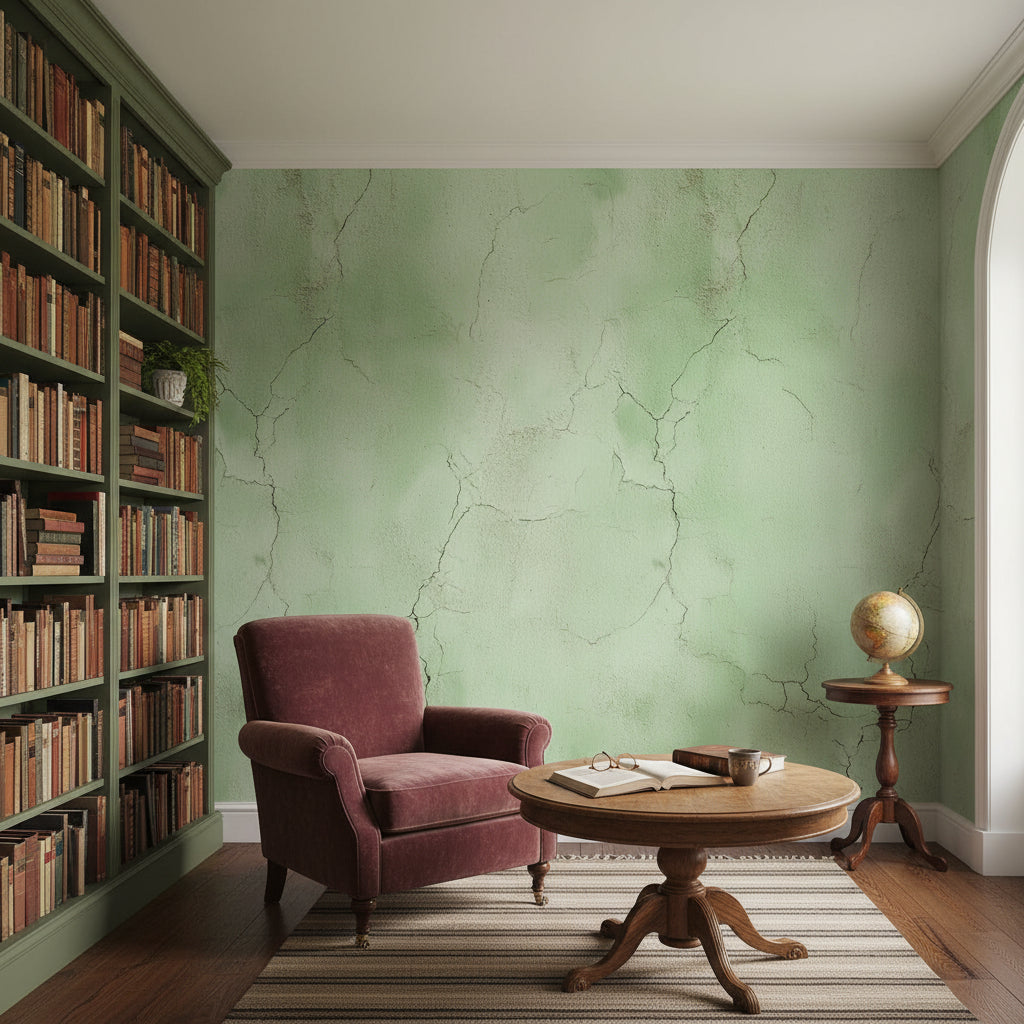 Yeşil Beton Görünümlü Duvar Kağıdı Minimalist Salon Dekoru