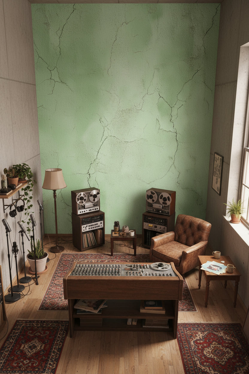 Yeşil Beton Görünümlü Duvar Kağıdı Minimalist Salon Dekoru