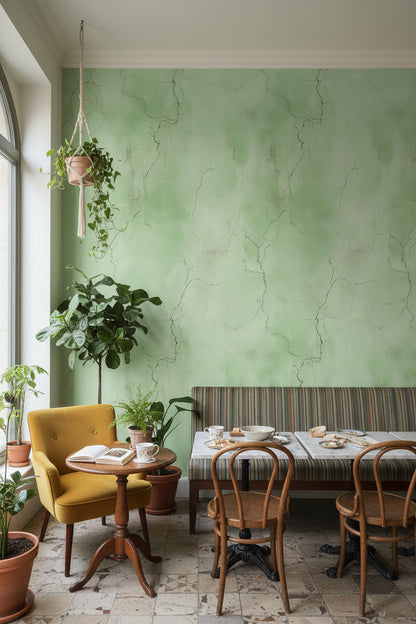 Yeşil Beton Görünümlü Duvar Kağıdı Minimalist Salon Dekoru