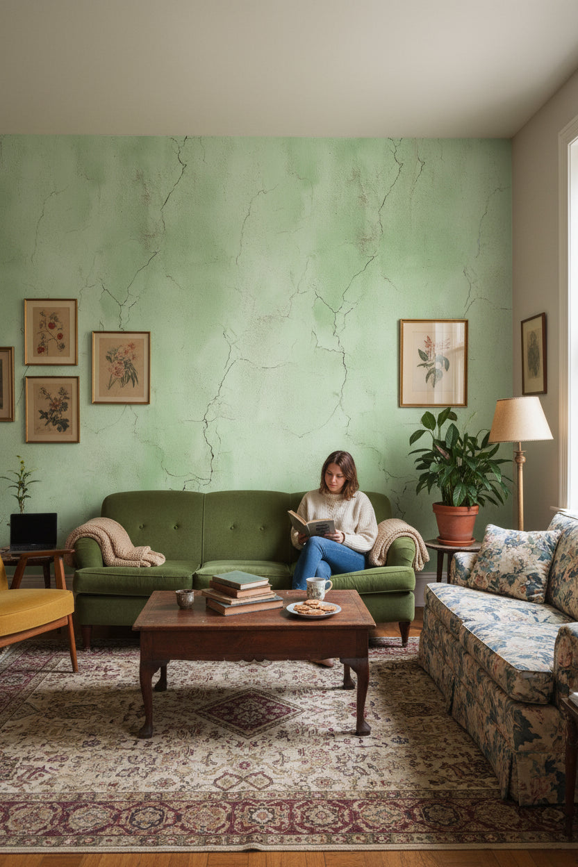 Yeşil Beton Görünümlü Duvar Kağıdı Minimalist Salon Dekoru