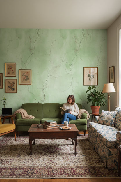 Yeşil Beton Görünümlü Duvar Kağıdı Minimalist Salon Dekoru