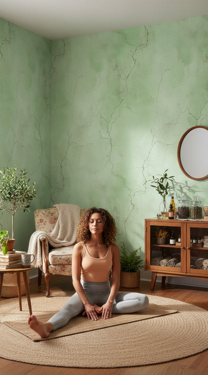 Yeşil Beton Görünümlü Duvar Kağıdı Minimalist Salon Dekoru