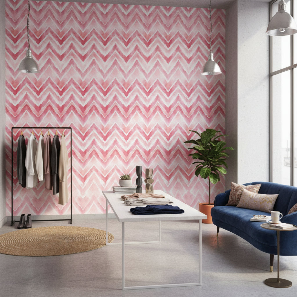 Zikzak Desenli Duvar Kağıdı Pembe Beyaz Salon