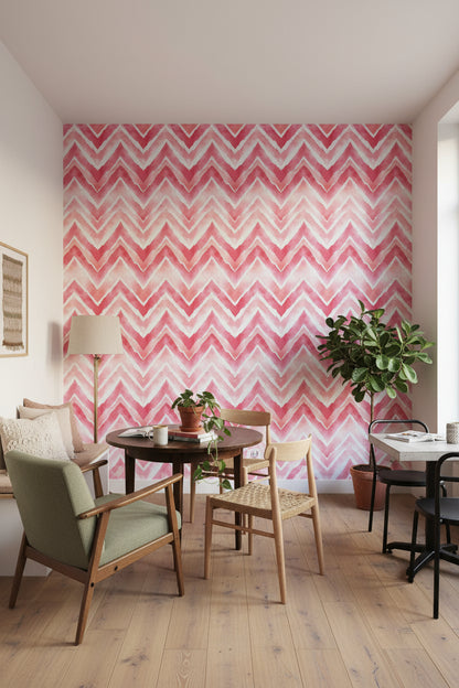 Zikzak Desenli Duvar Kağıdı Pembe Beyaz Salon