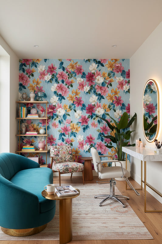 Sulu Boya Çiçek Desenli Duvar Kağıdı Mavi Arka Plan