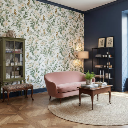 Ördekli Çiçek Desenli Duvar Kağıdı Yeşil Klasik Salon