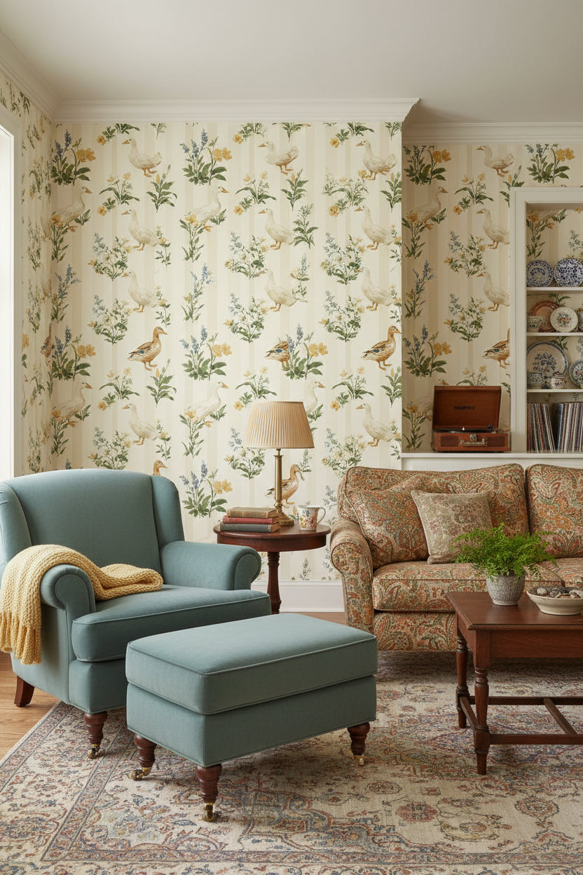 Ördekli Çiçekli Duvar Kağıdı Krem Vintage Salon