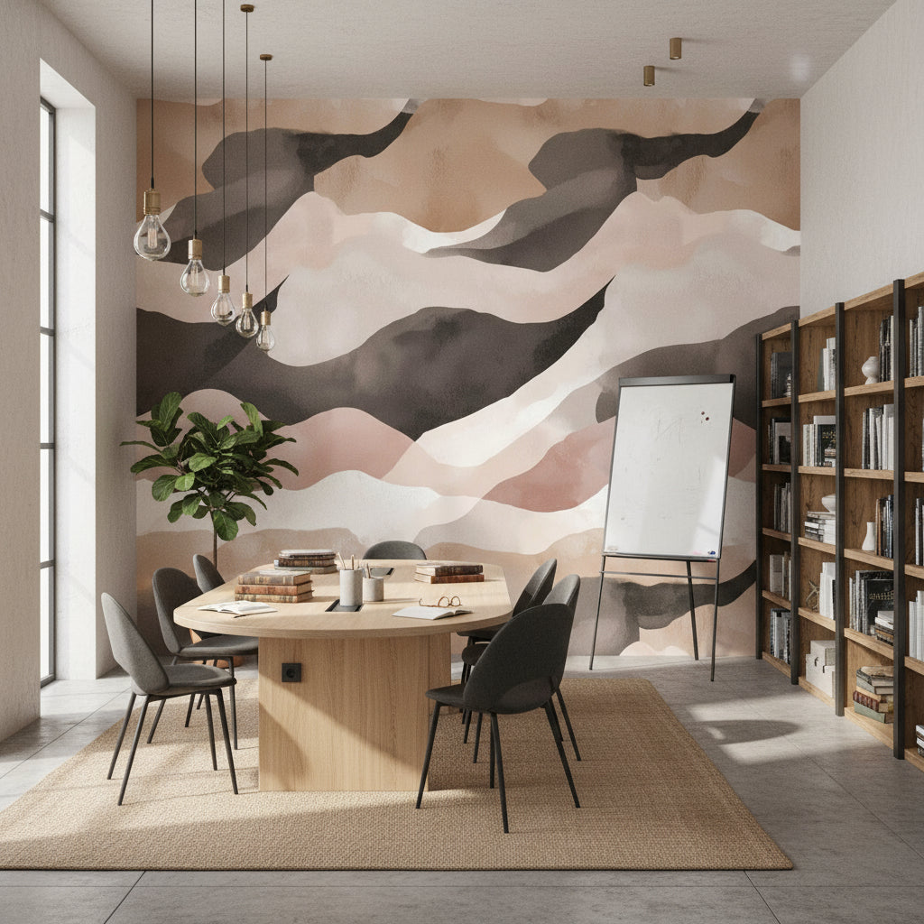 Soyut Dalga Desenli Duvar Kağıdı Bej Siyah Salon Dekoru