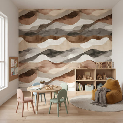 Soyut Dalgalı Duvar Kağıdı Bej Kahverengi Modern Salon