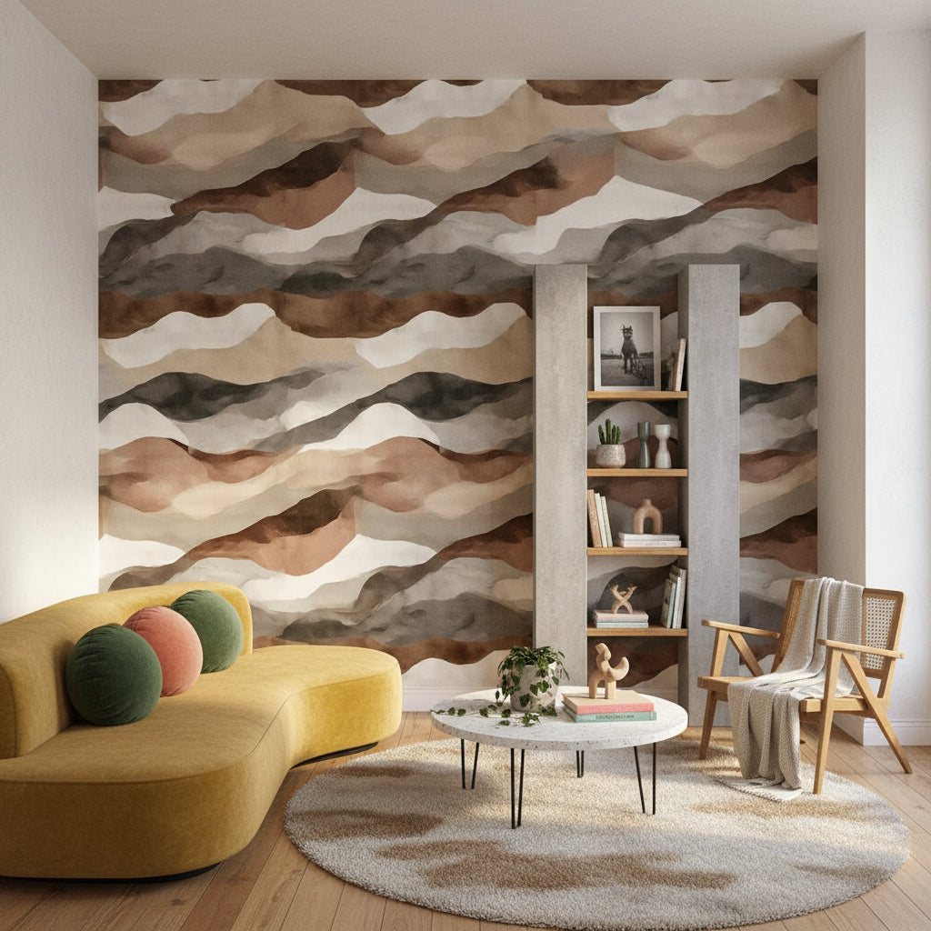 Soyut Dalgalı Duvar Kağıdı Bej Kahverengi Modern Salon
