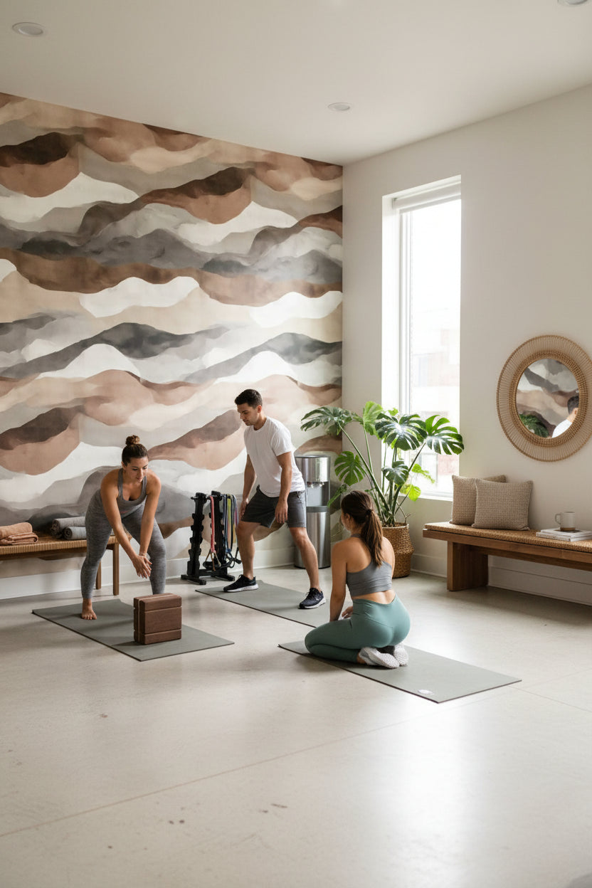 Soyut Dalgalı Duvar Kağıdı Bej Kahverengi Modern Salon