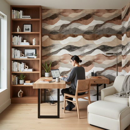 Soyut Dalgalı Duvar Kağıdı Bej Kahverengi Modern Salon