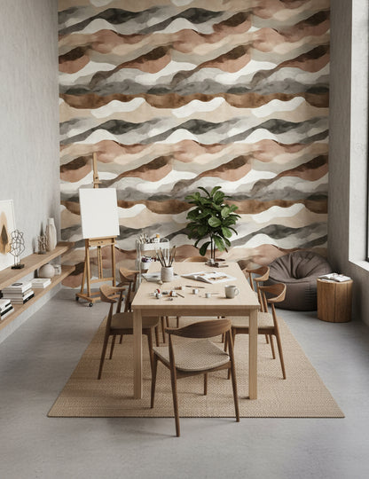 Soyut Dalgalı Duvar Kağıdı Bej Kahverengi Modern Salon