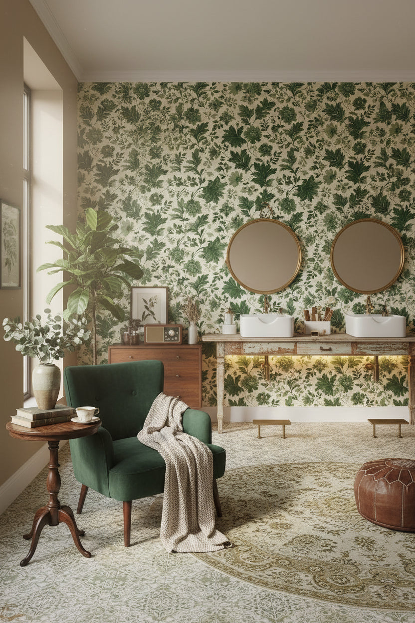 Yeşil Yaprak Desenli Vintage Duvar Kağıdı Krem Zemin Salon