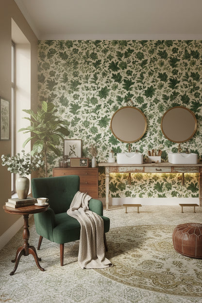 Yeşil Yaprak Desenli Vintage Duvar Kağıdı Krem Zemin Salon