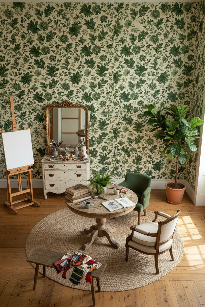 Yeşil Yaprak Desenli Vintage Duvar Kağıdı Krem Zemin Salon