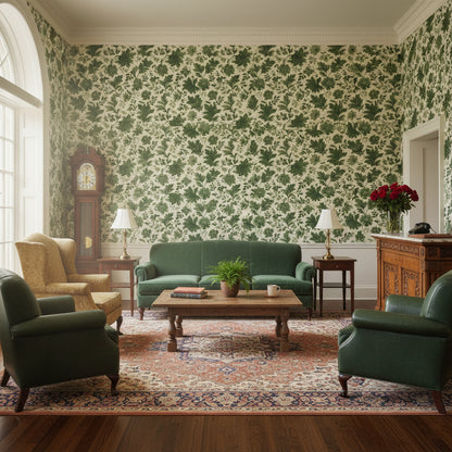Yeşil Yaprak Desenli Vintage Duvar Kağıdı Krem Zemin Salon
