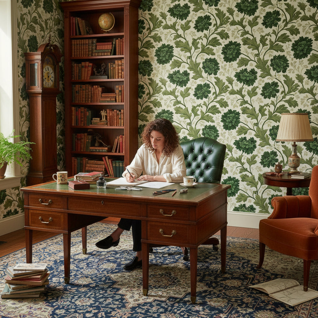 Yeşil Çiçekli Vintage Duvar Kağıdı Krem Zemin Salon