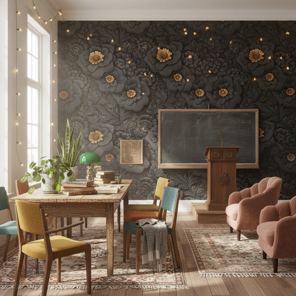 Siyah Kabartma Çiçekli Duvar Kağıdı Altın Detay Salon