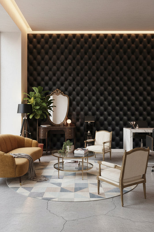 Kapitoneli Deri Görünümlü Duvar Kağıdı Siyah Salon Dekoru