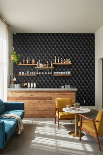 Kapitoneli Deri Görünümlü Duvar Kağıdı Siyah Salon Dekoru