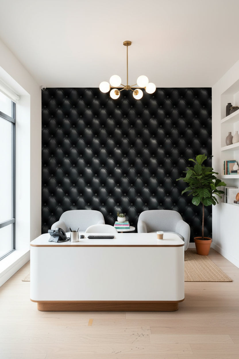 Siyah Kapitone Deri Görünümlü Duvar Kağıdı Modern Salon