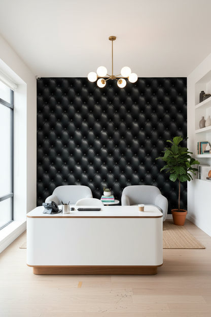 Siyah Kapitone Deri Görünümlü Duvar Kağıdı Modern Salon