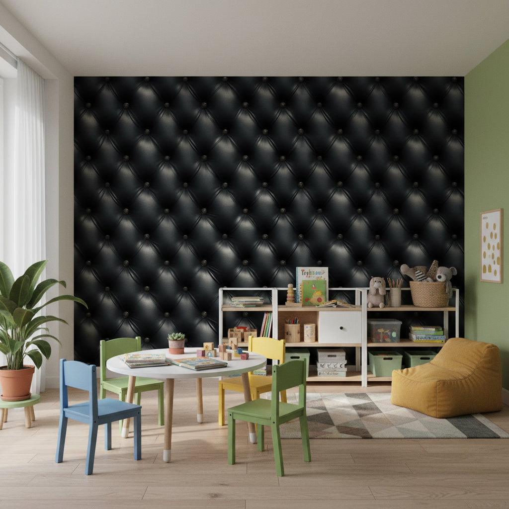 Siyah Kapitone Deri Görünümlü Duvar Kağıdı Modern Salon