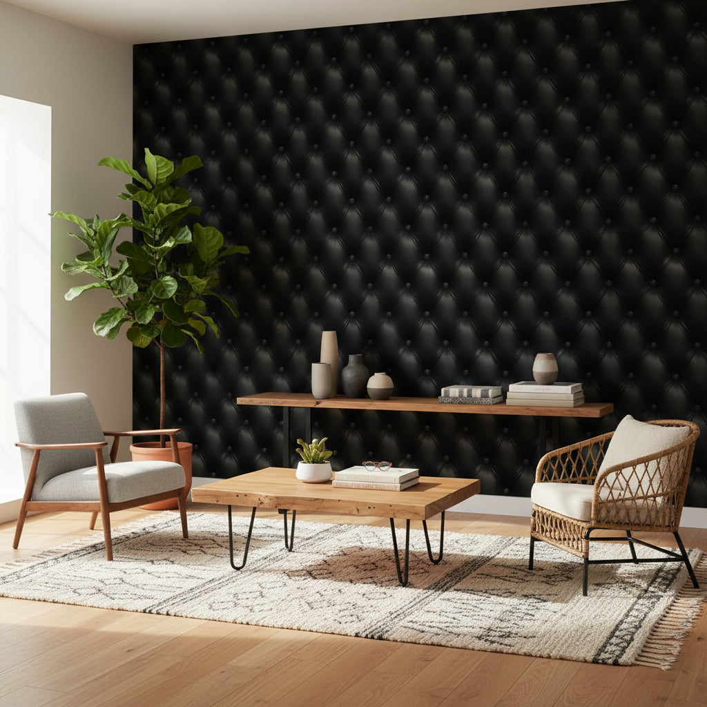 Siyah Kapitone Deri Görünümlü Duvar Kağıdı Modern Salon
