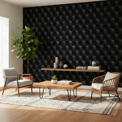Siyah Kapitone Deri Görünümlü Duvar Kağıdı Modern Salon