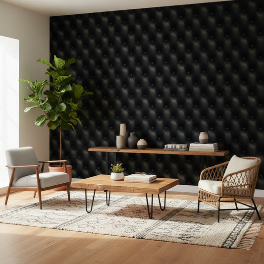 Siyah Kapitone Deri Görünümlü Duvar Kağıdı Modern Salon