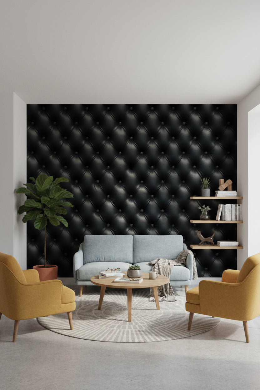 Siyah Kapitone Deri Görünümlü Duvar Kağıdı Modern Salon
