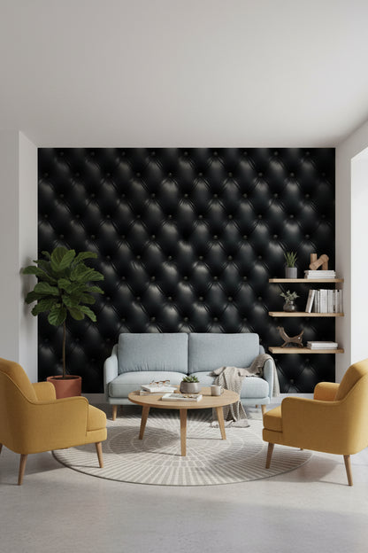 Siyah Kapitone Deri Görünümlü Duvar Kağıdı Modern Salon