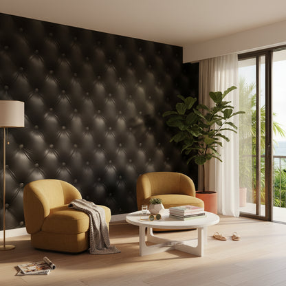 Siyah Kapitone Deri Görünümlü Duvar Kağıdı Modern Salon