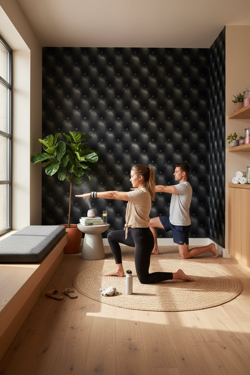 Siyah Kapitone Deri Görünümlü Duvar Kağıdı Modern Salon