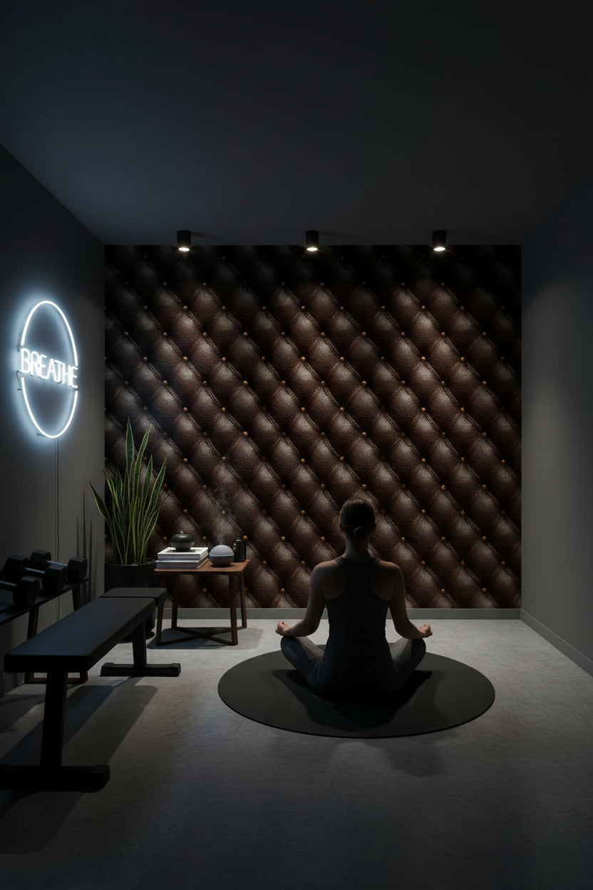 Kapitone Deri Görünümlü Duvar Kağıdı Koyu Kahverengi Salon