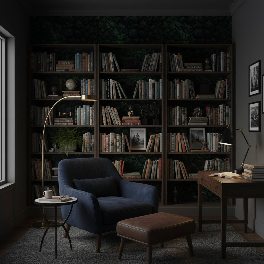 Koyu Taş Desenli Duvar Kağıdı Yeşil Derzli Salon Dekoru