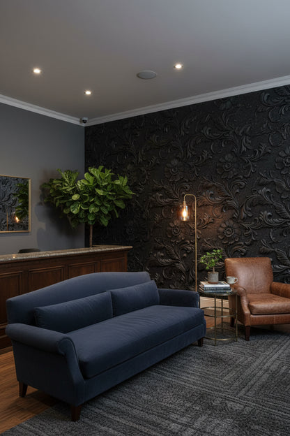 Koyu Kabartma Çiçek Desenli Duvar Kağıdı Klasik Salon