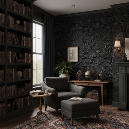Koyu Kabartma Çiçek Desenli Duvar Kağıdı Klasik Salon