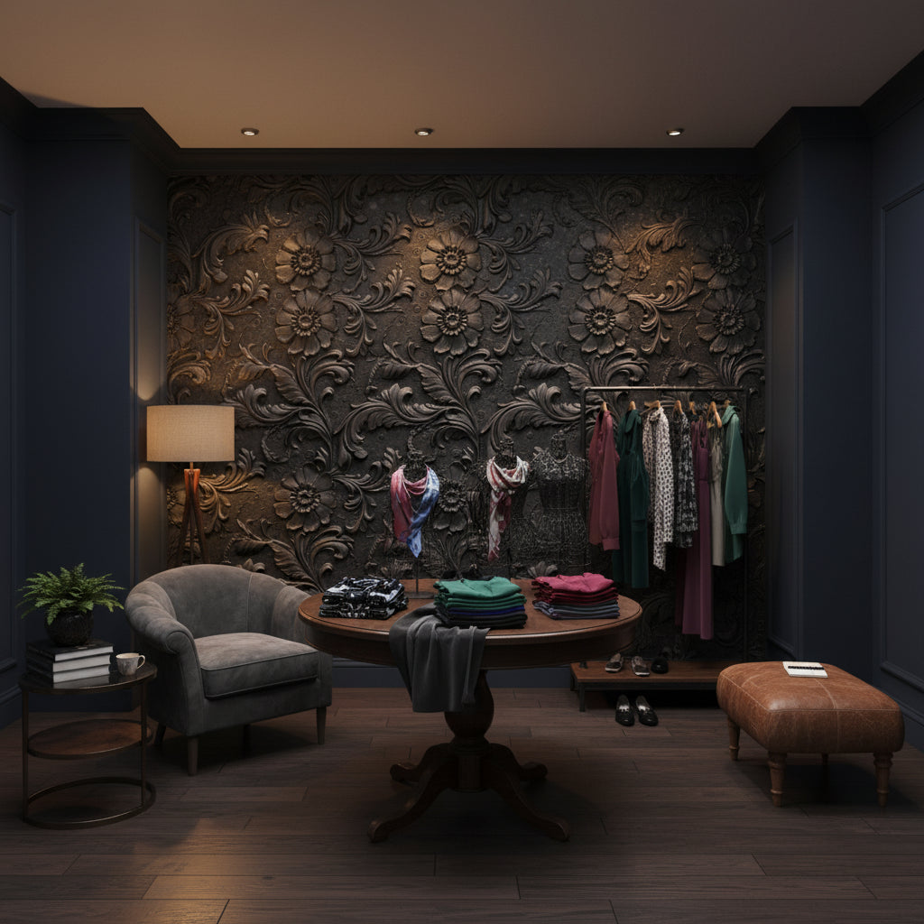 Koyu Kabartma Çiçek Desenli Duvar Kağıdı Klasik Salon