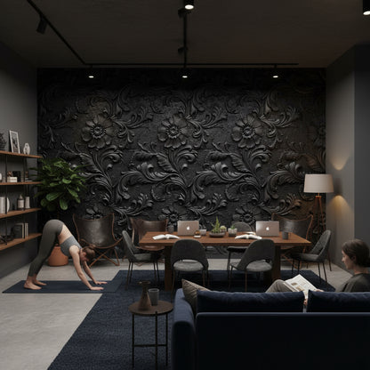 Koyu Kabartma Çiçek Desenli Duvar Kağıdı Klasik Salon