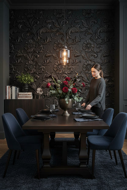 Koyu Kabartma Çiçek Desenli Duvar Kağıdı Klasik Salon