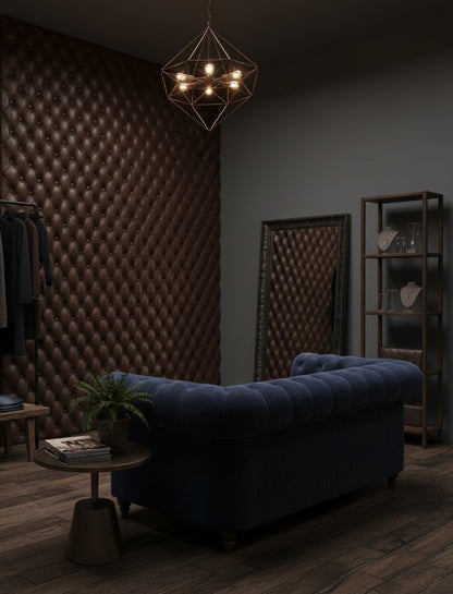 Kapitone Deri Görünümlü Duvar Kağıdı Koyu Kahverengi Salon
