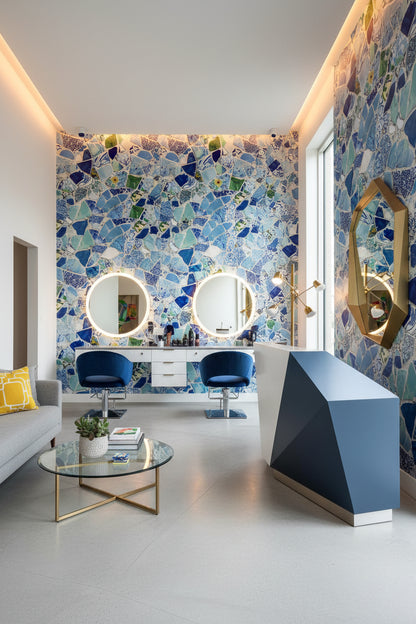 Mavi Mozaik Desenli Duvar Kağıdı Modern Salon
