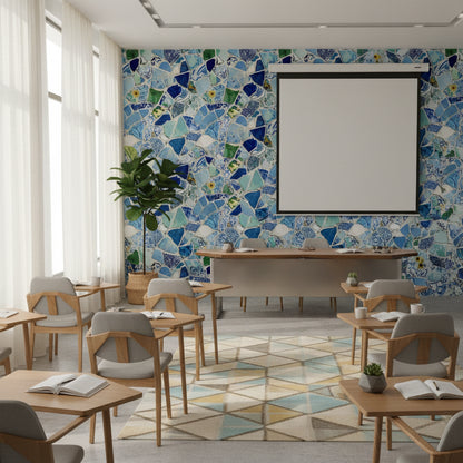 Mavi Mozaik Desenli Duvar Kağıdı Modern Salon